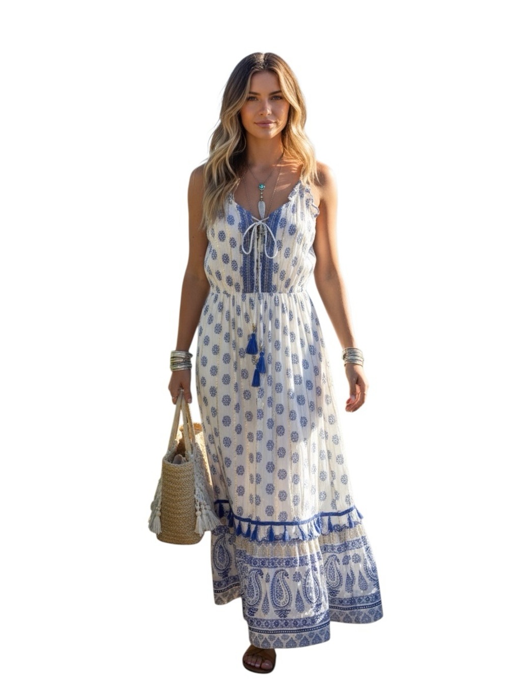 Anthropologie Blue & White Summer Sun Dress Maxi Cali Bohemian Boho Smocked Tier